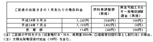 ご家庭のお客さまへの影響(税込)の表